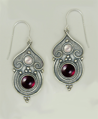 Sterling Silver Gothic Inspired Drop Dangle Earrings With Garnet And Cultured Freshwater Pearl